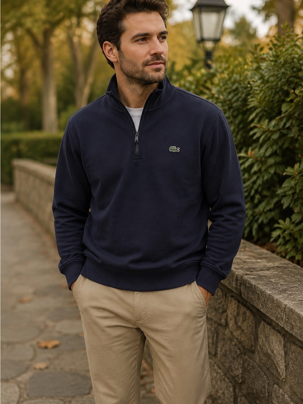 Lacoste Navy Half-Zip Pullover with Green Croc Logo
